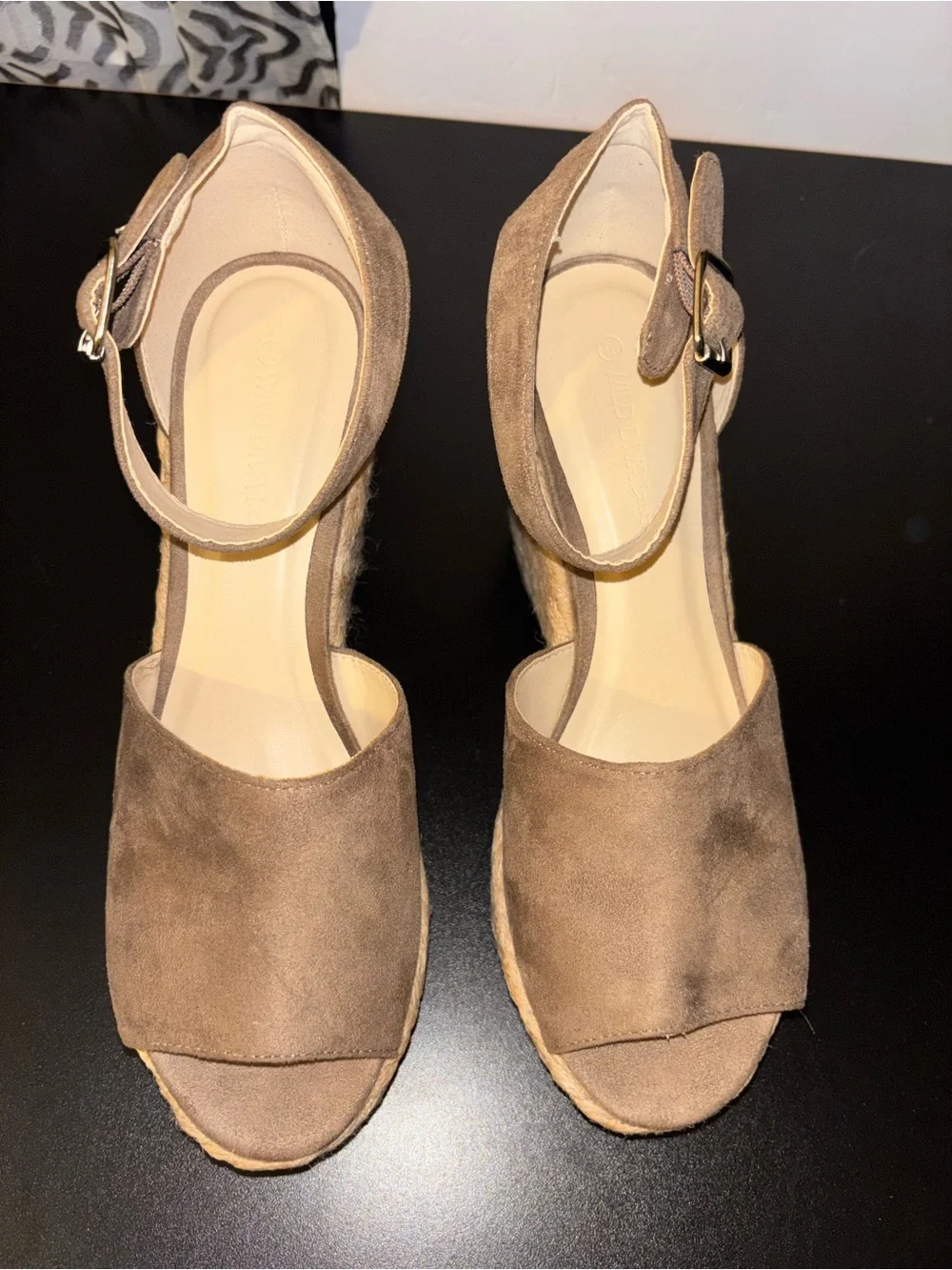 Suede Ankle-Strap Espadrille Wedge Sandals in Taupe